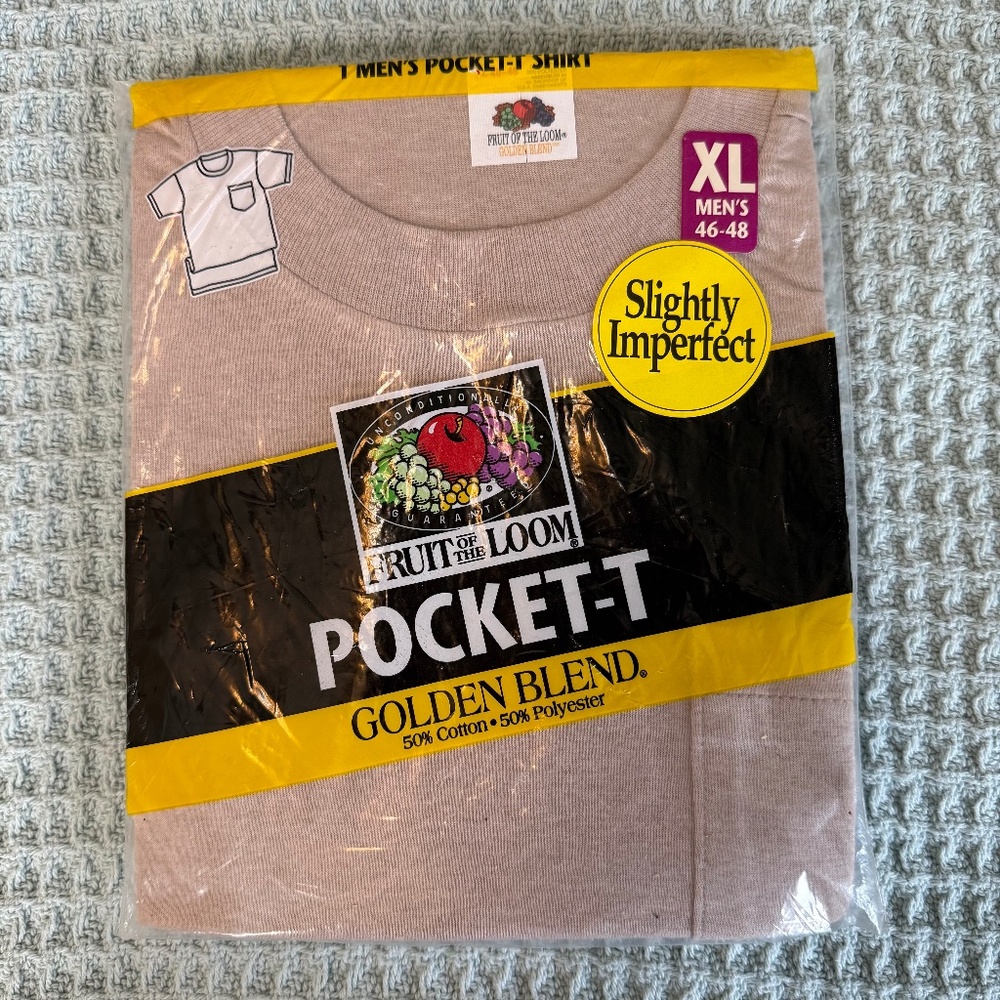NOS Vintage Fruit Of The Loom Pocket-T Tee Shirt Slightly Imperfect Mens XL Tan